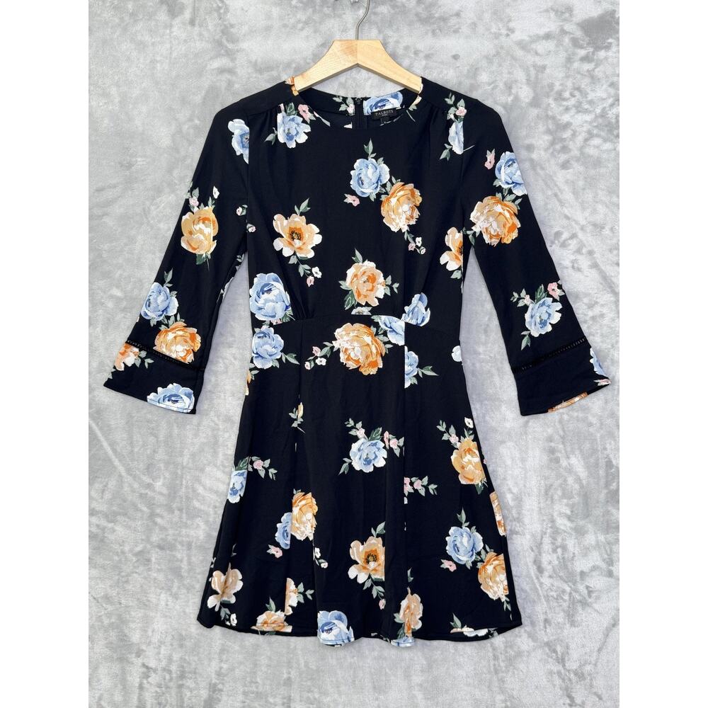 Talbots Dress Womens Petite Small Black Floral 3/4 Bell Sleeve Fit & Flare Short